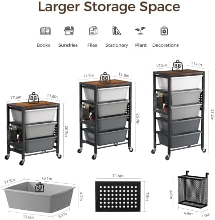 Rolling Cart with 5 Drawers, Plastic Drawer Storage Carts with Wheels & Wooden Tabletop, Metal Utility Cart with Pegboards, Office Living Room Classroom Craft Organization and Storage, Dark Grey