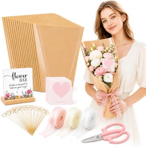 TOVEYI 50 Pcs DIY Flower Bar Kit for Events, Build Your Own Bouquet Bar Supplies with Floral Wrapping Paper, Card Holders, Cards, Chiffon Ribbons, Sign and Scissors for Wedding and Baby Shower
