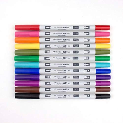 Tombow 56961 ABT PRO Alcohol Markers, Basic Palette, Set of 12 Colors - Dual Tip, Permanent Art Markers Feature Chisel and Brush Tips Perfect for Coloring, Sketching, and Illustration