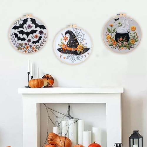 Floral Witch Hat Embroidery Kit Halloween Cross Stitch Material Set with Bat Skull Flower Pumpkin Patterns, DIY Hand Needlepoint Embroidery Craft Kit for Beginners Professional (Floral Witch Hat)