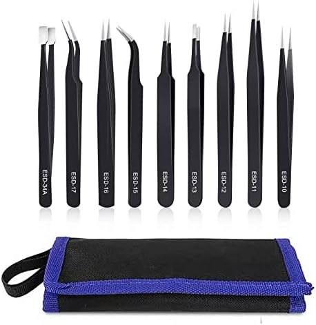kaverme 9PCS Precision Tweezers Set, Upgraded Anti-Static Stainless Steel | Tweezers for Electronics, Soldering, Laboratory Work, Jewelry-Making, Model, Craft