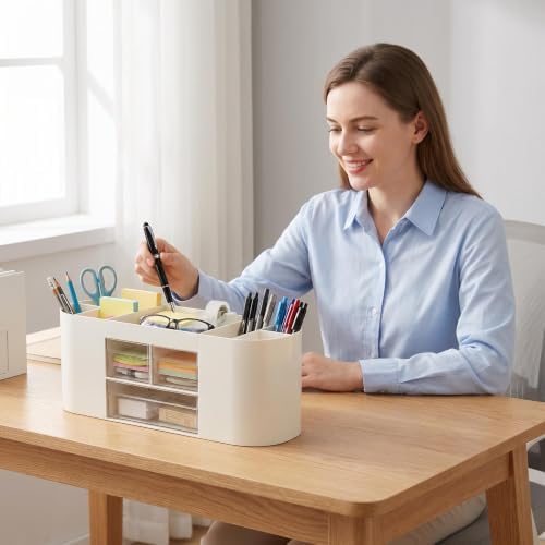 Desk Organizer with Drawers, Office Supplies Storage, White