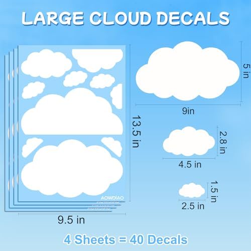 AOWDIAO Cloud Wall Decals - 40 Peel and Stick Clouds Stickers - Assorted Shapes and Sizes for Nursery, Bedroom, Classroom Decor