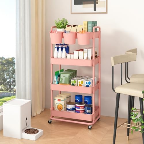 JIUYOTREE 4-Tier Plastic Rolling Storage Cart Utility Cart with Extra Hanging Cups Handles Lockable Wheels for Living Room Bathroom Kitchen Office Pink