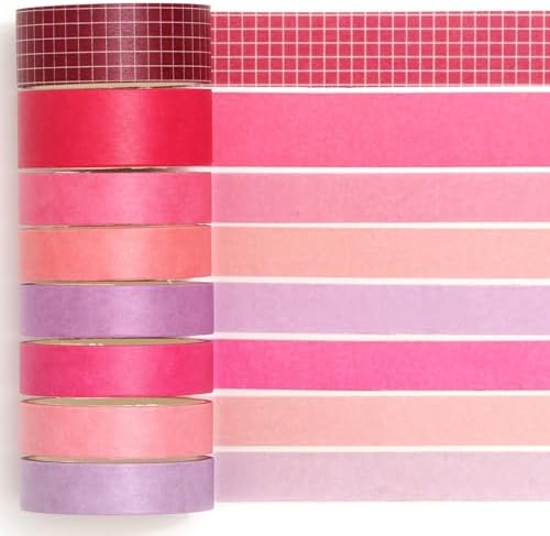 YUBBAEX 8 Rolls Basic Washi Tape Set Solid Color Grid Masking Decorative Tapes for Arts, DIY Crafts, Journals, Planners, Scrapbooking, Wrapping (Rosered)