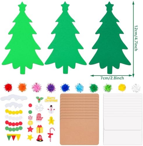 Whaline 420 Pcs Christmas Card Making Craft Kit with Xmas Tree Pom Pom Stickers & Envelopes Handmade Invitation Greeting Card Supplies for Holiday DIY Crafts Party Decor