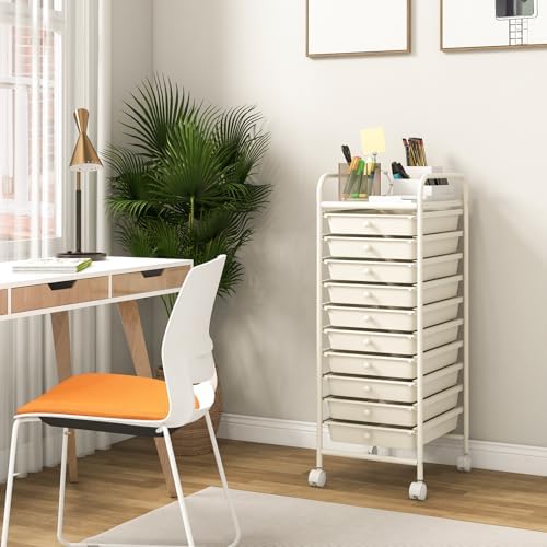 Storage Cart, Rolling Utility Cart with 10 Drawers, Portable Handles & Lockable Wheels, Mobile Paper Toys Storage Organizer Large Capacity for Home Office School Teacher (White)
