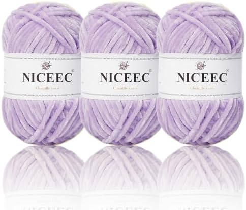 NICEEC 3 Skeins Soft Chenille Yarn 3 x85m (3X 93yds, 3X 50g)_Light Purple