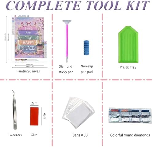 EOPLK Books Diamond Painting Kits for Adults, Books are My Happy Place Diamond Art Kit for Beginners, 5D DIY Full Drill Round Gem Painting by Numbers for Home Wall Decor Gift, 12x16 inch