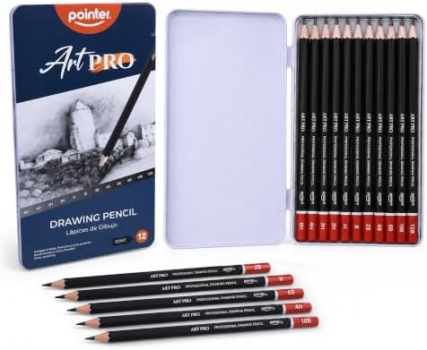 Pointer Art Pro Drawing Pencils Set, 12 Graphite Pencils 6H-12B, Professional Artist Sketching Kit