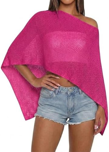 Women Sheer Knit Poncho Top Beach Cover Up Lightweight Crochet Shrug Y2k Summer See Through Shawl
