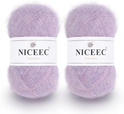 NICEEC 2 Skeins Long Pile Mohair Yarn 2.82oz/788yds - Light Purple