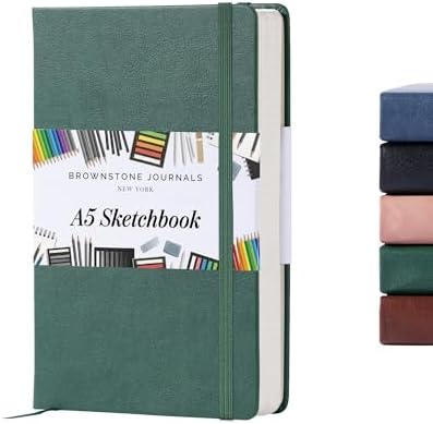 BROWNSTONE JOURNALS A5 Sketch Book Hardcover - 80 Sheets 100 GSM Paper | 5" x 8", Lay Flat, Vegan Leather Cover, Elastic Band, Back Pocket, Compact Art Drawing Book for Adults & Students