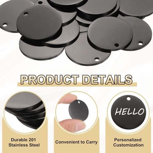 HARFINGTON 10 Pcs Round Blank Stamping Tag 40mm Stainless Steel Circle Polished Blanks Tag Pendants with Hole for Bracelet Crafts Labeling Making, Black