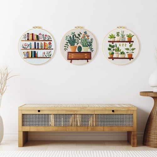 ZuoAnLF 3 Set Embroidery Starter Kit Printed Cross Stitch Kit with Plant Shelf Patterns for Adults, Home Decor and Gifts