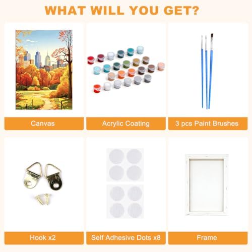 SENQAO Park Paint by Numbers Kit for Adults Beginner, Fall City Park Adult Paint by Number Kits on Canvas, DIY Acrylic Oil Easy Painting by Numbers for Home Wall Decor 8X12 inch