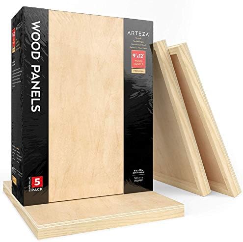 ARTEZA Wood Panels for Painting, 9 x 12 in, Pack of 5, Cradled Birch Boards | 0.75 in Profile, Smooth 5 mm Surface, Sanded Edges, For Oil, Acrylic Pouring, Wood Burning, Encaustic Art and Mixed Media