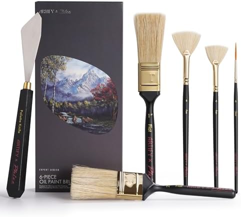 Artify Artist Paint Brush Set endorsed by Painter Phizz, 6-Piece Wet-on-Wet Oil Paint Brush Set with 5 Brushes and 1 Palette Knife for Artists, Landscapes, and Portraits