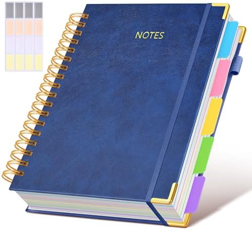 Hardcover Spiral Notebook journal with Removable Dividers Tabs, 300 Pages Leather 5 Subject Notebook College Ruled, 8"x10" Large B5 Notebooks for Work School Note taking, Lined Journal for Women,Navy