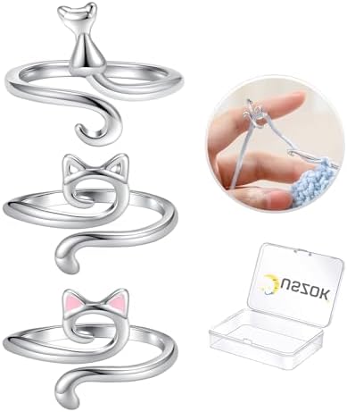Juszok Crochet Rings for Crocheting Adjustable Crochet Tension Ring for Finger Cat Yarn Guide Ring Knitting Crochet Accessories with Box for Women 3Pcs