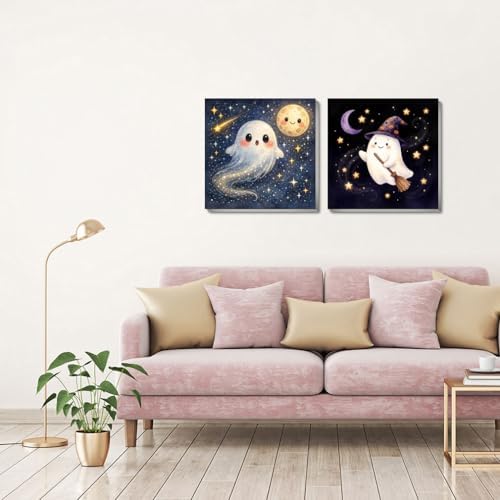 pchmcu 2 Pcs Halloween Paint by Numbers Kits for Kids Framed - Ghosts Adults' Paint-by-Number Kits on Canvas Easy Acrylic Oil Painting by Number for Home Decor Gifts 8x8 inchs