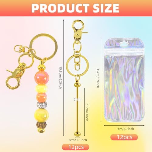 24 Pcs Beadable Keychains Bars bulk - 12 Gold DIY Metal Beaded Keychain Making Kit + 12 Bags Included, Bead Keychain Supplies,Blank Key Chain, Perfect for Women, Men, Mother's Day, Birthday Gift