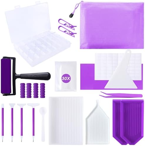 LYMUSUMI 61PCS 5D Diamonds Art Accessories and Tools Kits with Diamond Painting Roller and Diamond Art Storage Box for Adults or Kids（Purple）