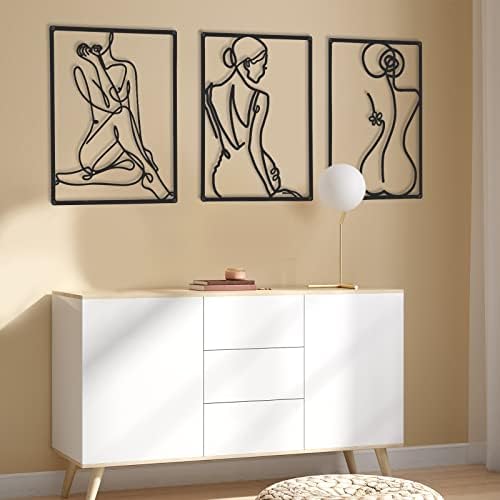 CHENGU 3 Pieces Metal Minimalist Abstract Woman Wall Art Line Drawing Wall Art Decor Single Line Female Home Hanging for Kitchen Bathroom Living Room