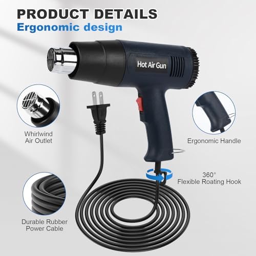 Heat Gun 1800W, Handed Hot Air Gun with 4 Nozzles for Crafting | Fast Heating 122°F-1202°F, 5.25FT Ultra-Long Cable Portable Heat Gun for Shrinking Wrapping PVC, DIY Embossing