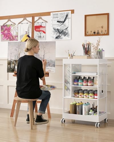 Rolling Utility Art Cart with Paint Storage & Brush Organizer,White