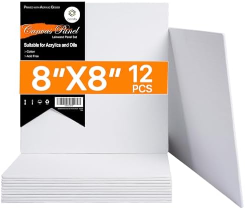CONDA Canvas Board for Painting 8 x 8 inch, 12 Pack Canvas Panels, Primed White Blank Canvases for Painting, 100% Cotton Art Canvas for Acrylic Oil Watercolor Tempera Paints