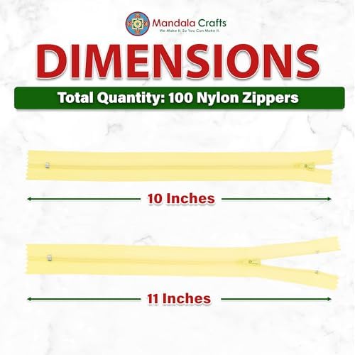 Mandala Crafts 100 PCs Butter Yellow 10" Nylon Zippers for Sewing