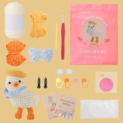 Autglint Duck Crochet Kit for Beginners Adults & Kids, Amigurumi Learn to Crochet Starter Kit with 4K Step-by-Step Video Tutorials, Includes Pre-Started Yarn, Crochet Hooks & Accessories - White Duck