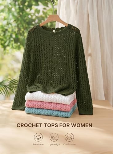 EVALESS Crochet Tops for Women Long Sleeve Hollow Out Knit Sweaters