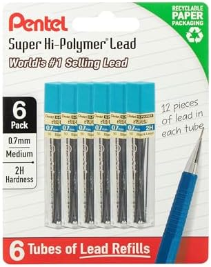 Pentel Super Hi-Polymer Lead Refills, 0.7 mm, 2H, 72 Pieces (12 pcs per tube, 6 tubes)