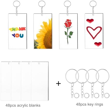 48 Sets of Acrylic Keychain Blanks Including Rectangle Clear Acrylic Ornament Blanks (3 x 7cm), Key Chain Rings and Jump Rings for Vinyl DIY Projects and Crafting