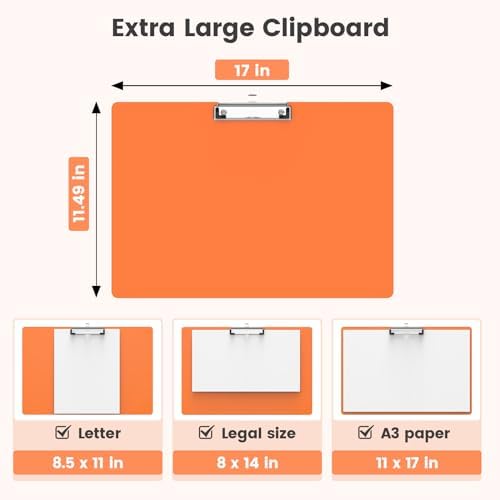 Extra Large 11x17 Clipboards, Plastic Orange Drawing Boards, Horizontal Clip Board, Landscape Layout. Suitable for Watercolor, Sketching, Painting. Art & Drafting Supply(Pack of 6)