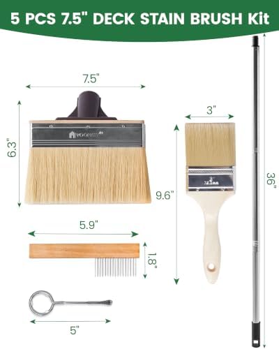 Voomey 5pcs 7.5 Inch Deck Stain Brush Applicator with Long Handle, 3in Wide Paint Brush with Threads for Applying Stains, Paints and Sealer on Outdoor Wood Deck, Fence, Patio, Wall, Furniture