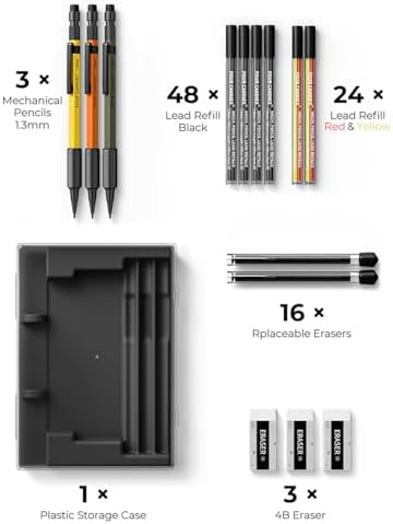 Four Candies 1.3mm Metal Mechanical Pencil Set with 72 Lead Refills, 3-Pack