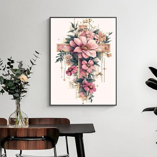 Yezavesu Cross Flower Diamond Art Kits for Adults Beginners 12x16 Inch | Religious Diamond Painting, DIY 5D Full Round Drill Gem Art, Stress Relief Craft Kits, Home Wall Decor Gift