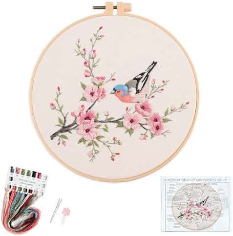 Silentsea Bird & Pink Blossoms Embroidery Kit – All-Inclusive DIY Cross Stitch Set with Pre-Printed Fabric, Threads, Needle, and Hoop for Adults – Perfect for Craft Lovers & Relaxation