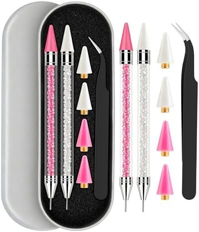 Rhinestone Picker Tool, Wax Pencil for Rhinestones Tool, Dual-ended DIY Nail Bedazzling Tools With 2 Extra White and 2 Extra Pink Replaceable Wax Head and 1 Tweezer(White and Pink)