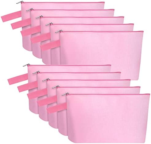 10 Pieces Cotton Canvas Makeup Bag with Bottom and Strap, Multi-Purpose Cosmetic Bag with Zipper Travel Toiletry Pouch, Blank DIY Craft Bag Pencil Bag (Pink, M) (MN-WB07)