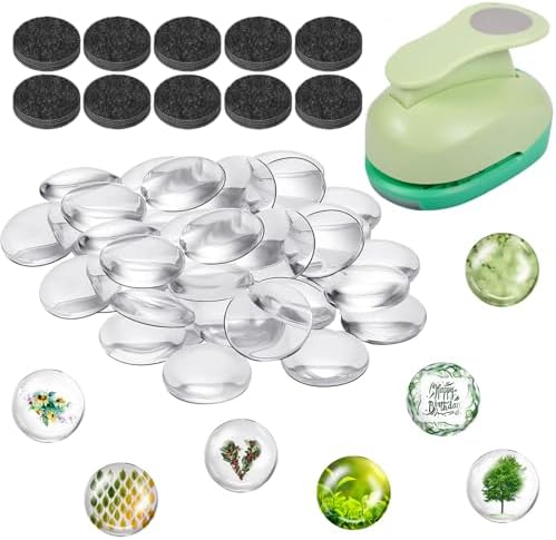 97pcs DIY Fridge Magnets Craft Set Include 1-Inch Paper Punch,Craft Magnets Glass Ceramic Ferrite Magnet with Adhesive Backing and Clear Glass Cabochons for Refrigerator (48 Sets,1 Inch, Round)
