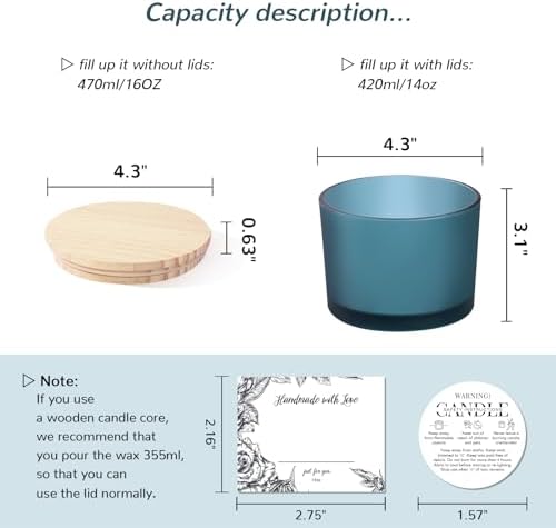 6 Pack Glass Candle Jars with Lids (16oz, Frosted Lake Blue) - Large Candle Jars for 3 Wick Candles Making - Empty Candle Jars Containers - Candle Making Accessories include 16Pcs Candle Labels