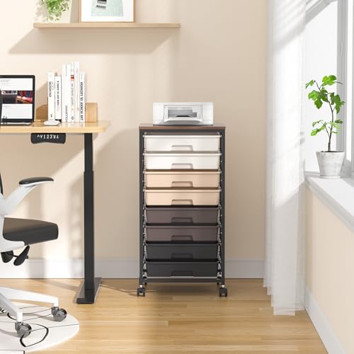 SYKIARIOL Rolling Cart with Drawers, 8 Drawers Utility Cart, Brown Gradient | Craft Organizers and Storage Cart with Wooden Top for Living Room,Classroom,Bedroom,Dorm,Home Office