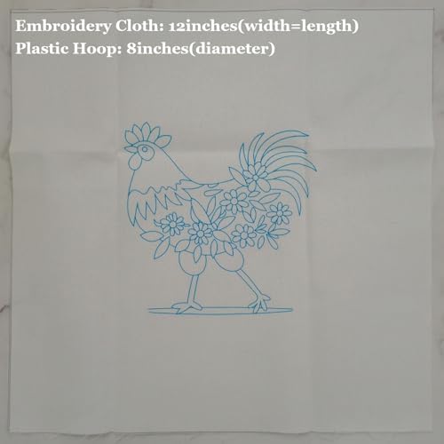 Esffaci Embroidery Starter Kit for Adult Beginner with Funny Rooster Flowers Pattern Hand Embroidery Set with Cloth Hoop Needle Threader Floss and Instruction