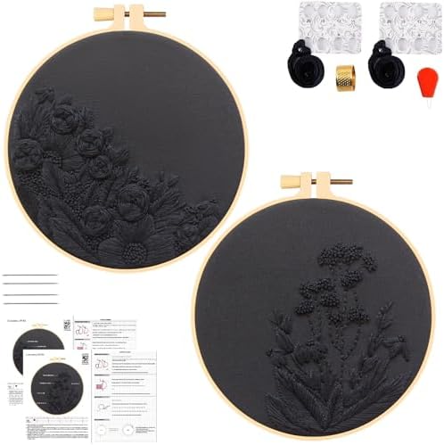 Armindou Black Flowers Embroidery Kits for Beginners Adults, Floral Hand Embroidery Set Needlepoint DIY Kit, Stamped Cross Stitch Kits for Beginners Adult, 2 Embroidery Hoops (Attached Video Tutorial)
