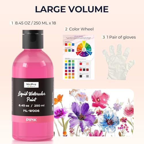 Nicpro 18 Colors Liquid Watercolor Paint Set, 8.45oz Large Bulk Water Color