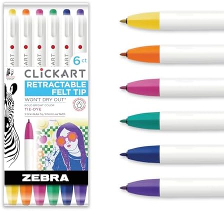 Zebra Pen CLiCKART No Bleed Felt Tip Pen, Tie-Dye Ink, 0.6mm, 6-Pack